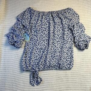 CeCe Floral Off-the-Shoulder Blouse Blue White Large New W/tag